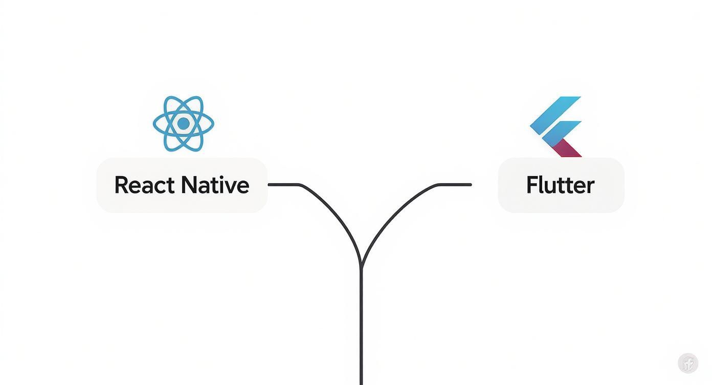 Infographic decision tree helping to choose a framework based on whether a native feel or custom UI is more important, pointing to React Native and Flutter respectively.