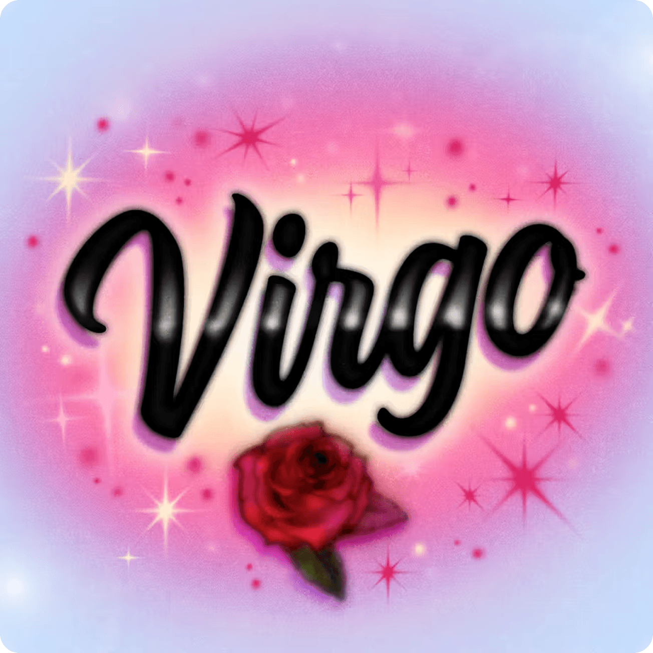 Stylized text "Virgo" with a rose, set against a pink and glittery background.