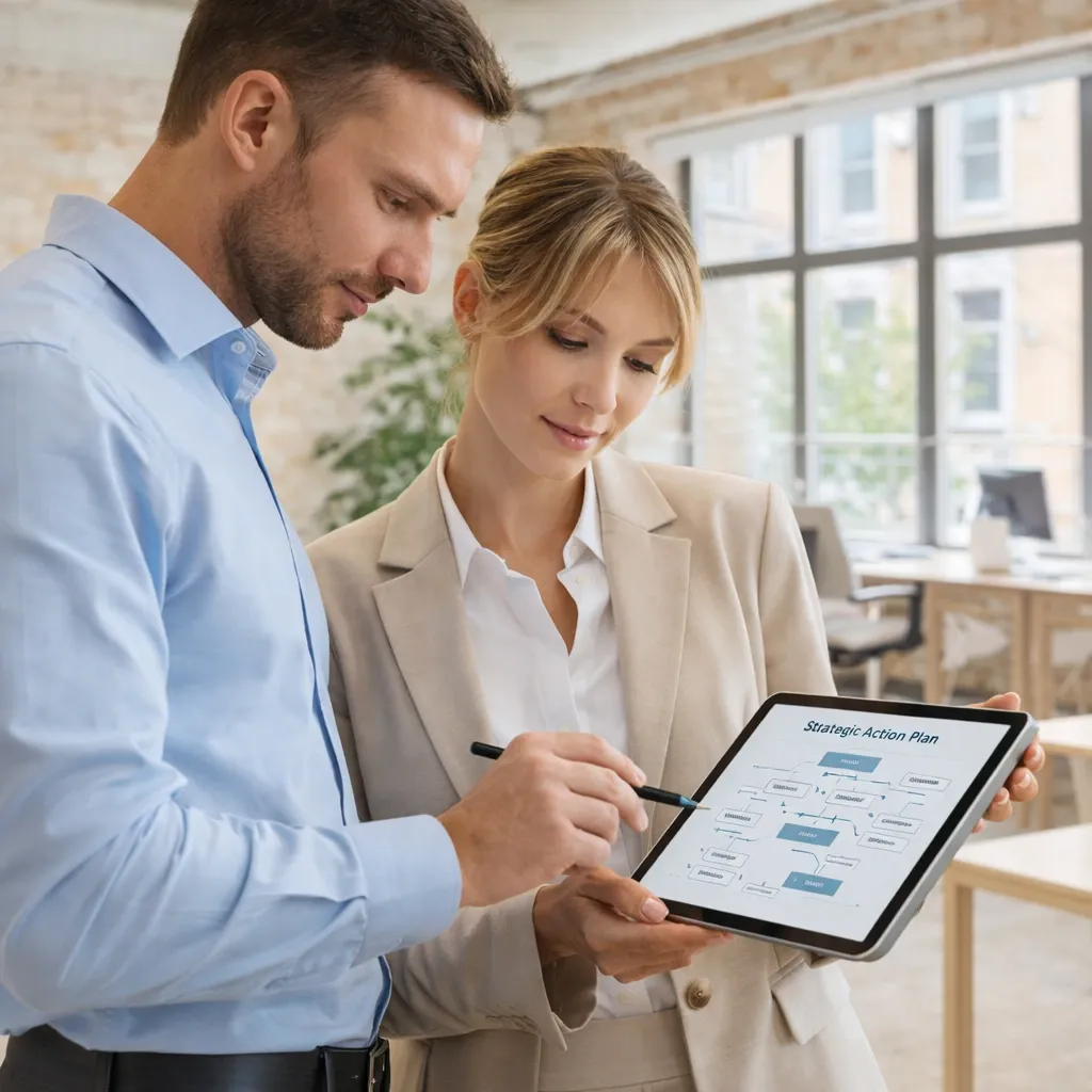 Consultants en stratégie opérationnelle analysant un plan d’action sur tablette pour structurer, prioriser et piloter la performance d’une organisation, dans le cadre d’une démarche de modernisation des méthodes de travail et d’amélioration des processus en entreprise.