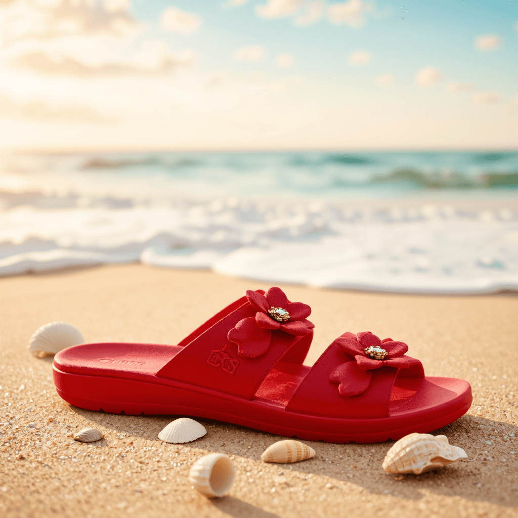 product photography of a pair of red fashion sandals with decorative elements