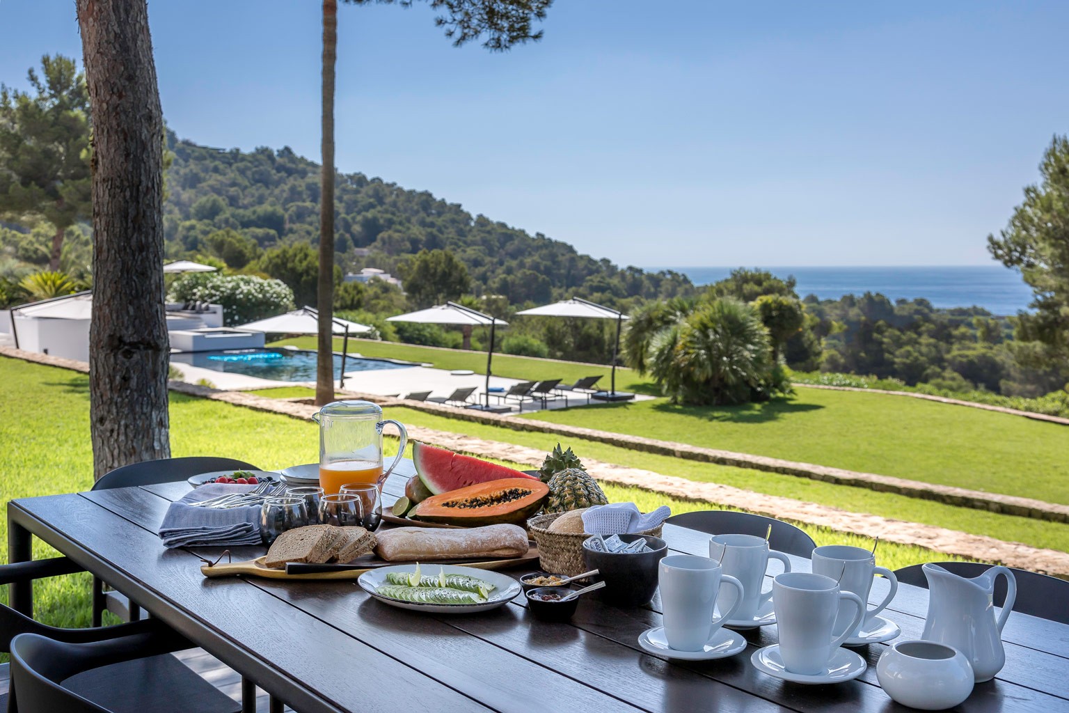 Tea under the tree in the garden at an exclusive luxury villa Ibiza—private VIP estate property holiday retreat