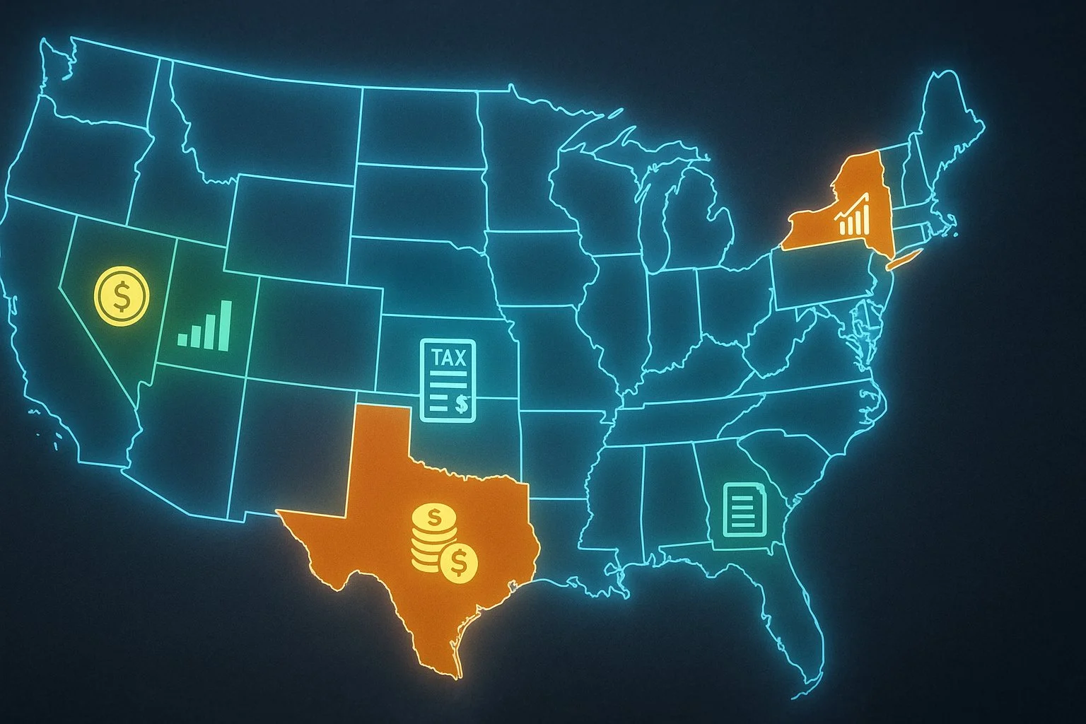 Glowing U.S. map with various states highlighted, each displaying tax-related icons like coins, charts, and documents to represent state tax differences.