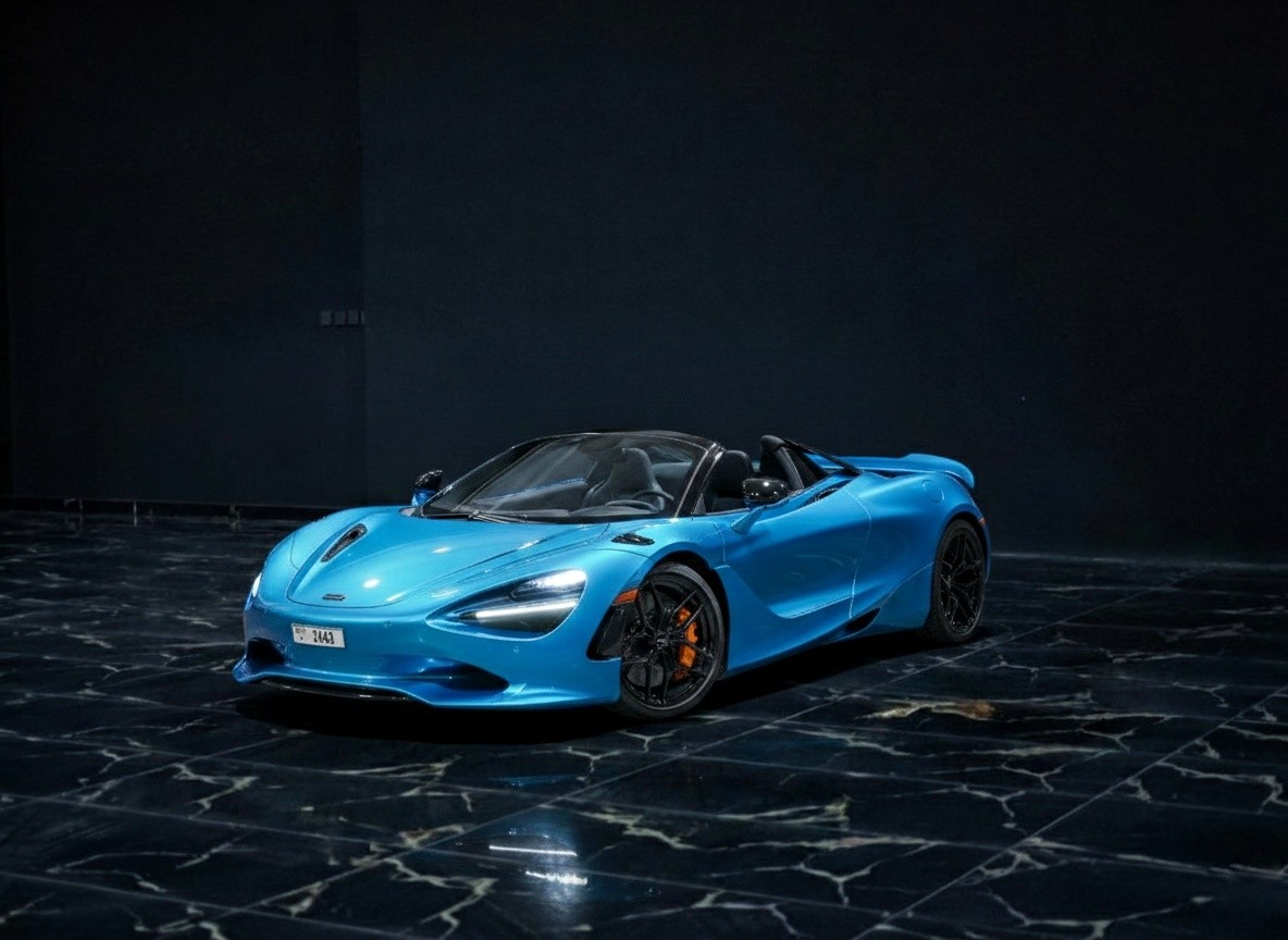 Side view of McLaren 750S Spider showcasing open-top design and performance styling at Queen of Supercar Rental.