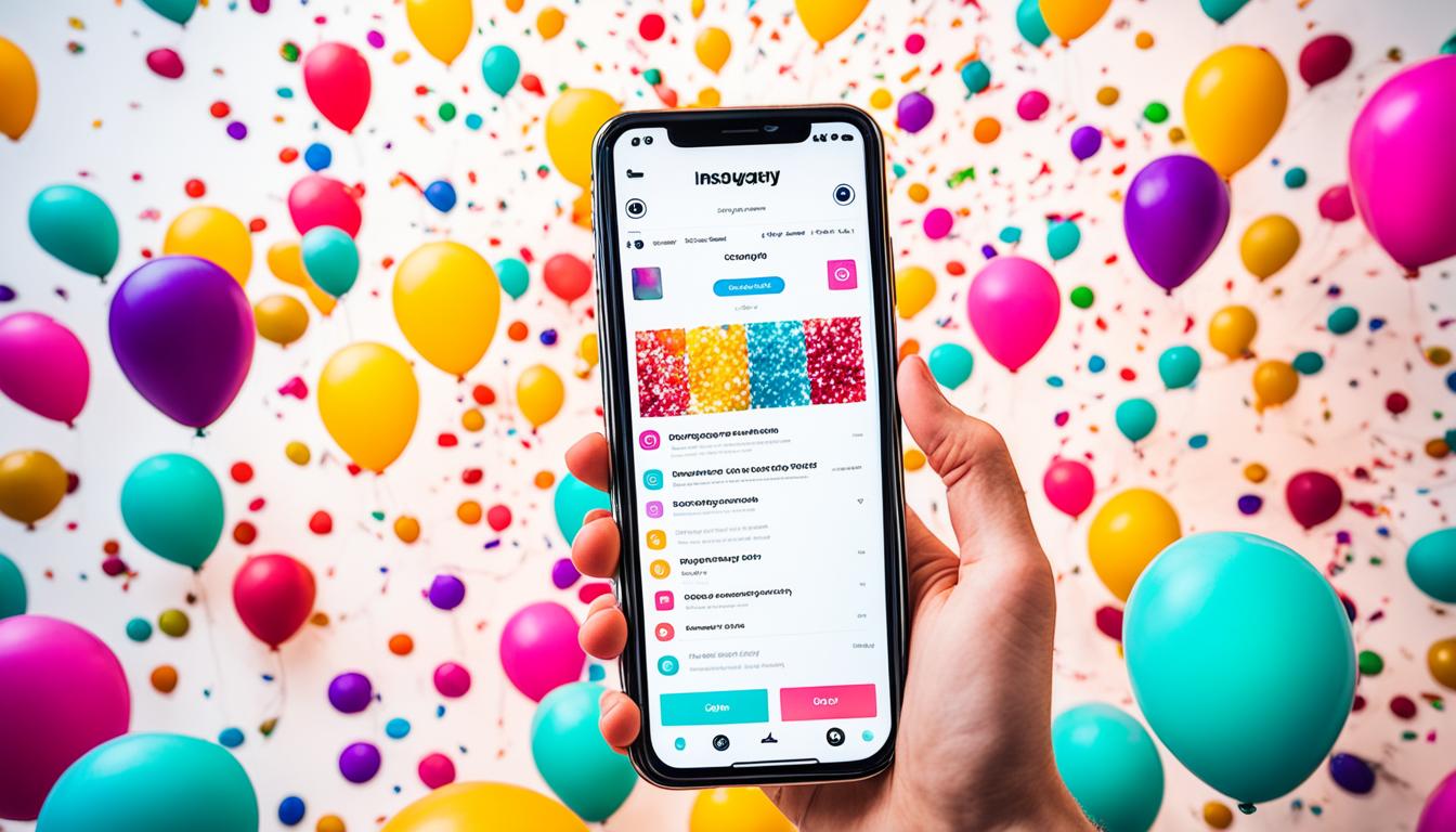 A hand holding a smartphone with an Instagram app open, surrounded by colorful balloons, confetti, and streamers. The screen of the phone shows a blank template for an Instagram giveaway post, with the user selecting and editing their prize image and writing a creative caption. In the background, there are various props such as gift boxes, envelopes, and tickets to suggest excitement and anticipation.