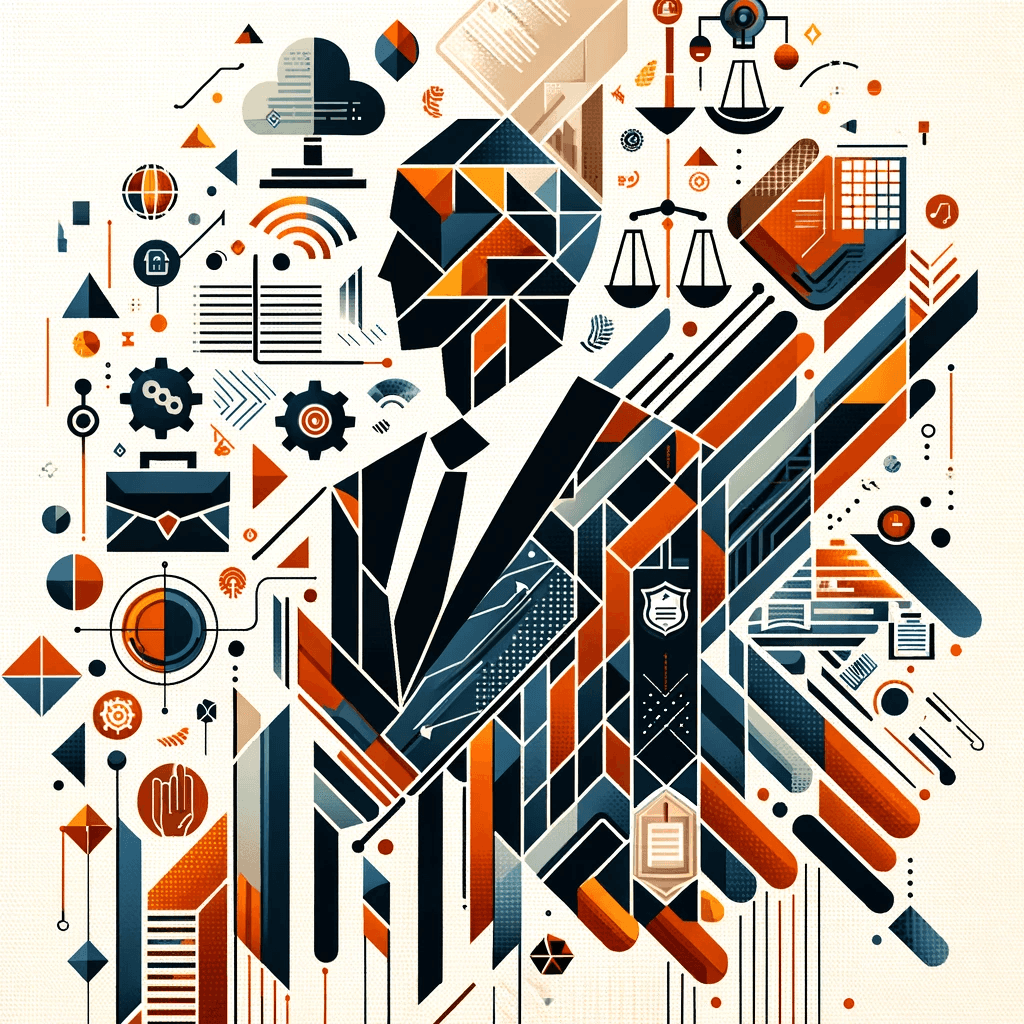 Abstract geometric artwork featuring various technology and communication icons, like clouds, gears, and Wi-Fi signals, integrated within a complex pattern of shapes and lines in a warm color palette.