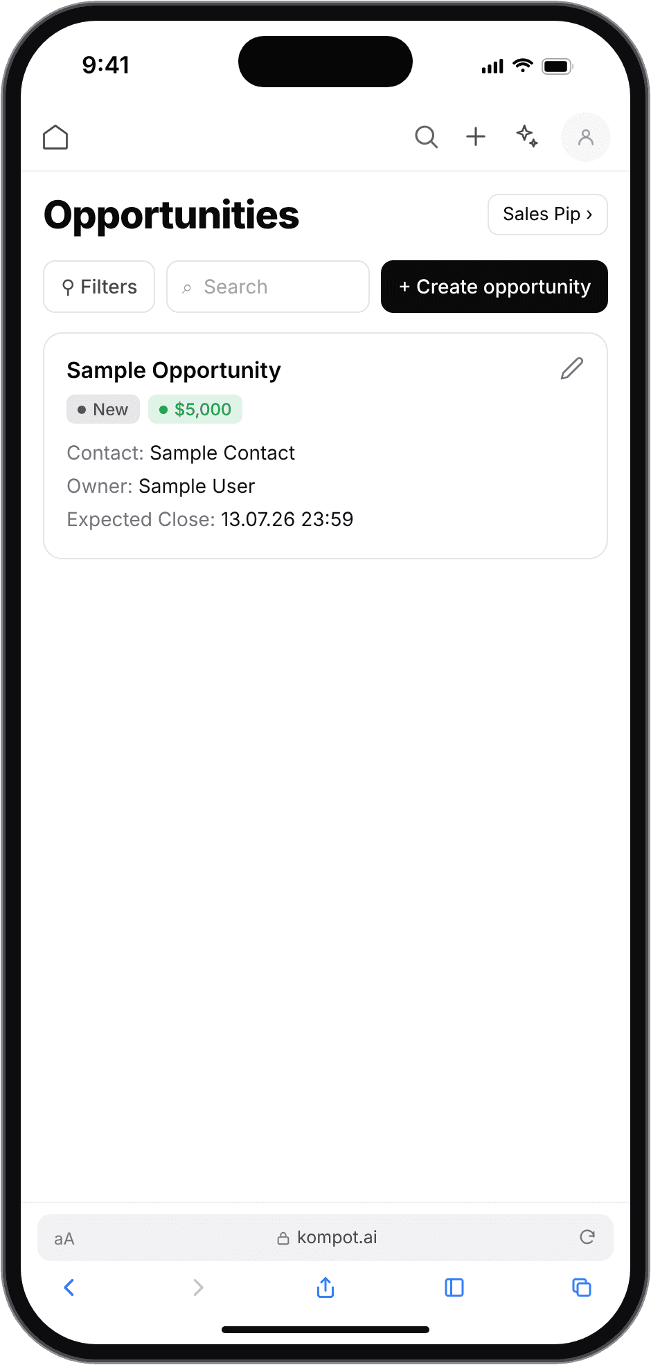 Mobile opportunities list of the shipped redesign: one card per deal with the amount first