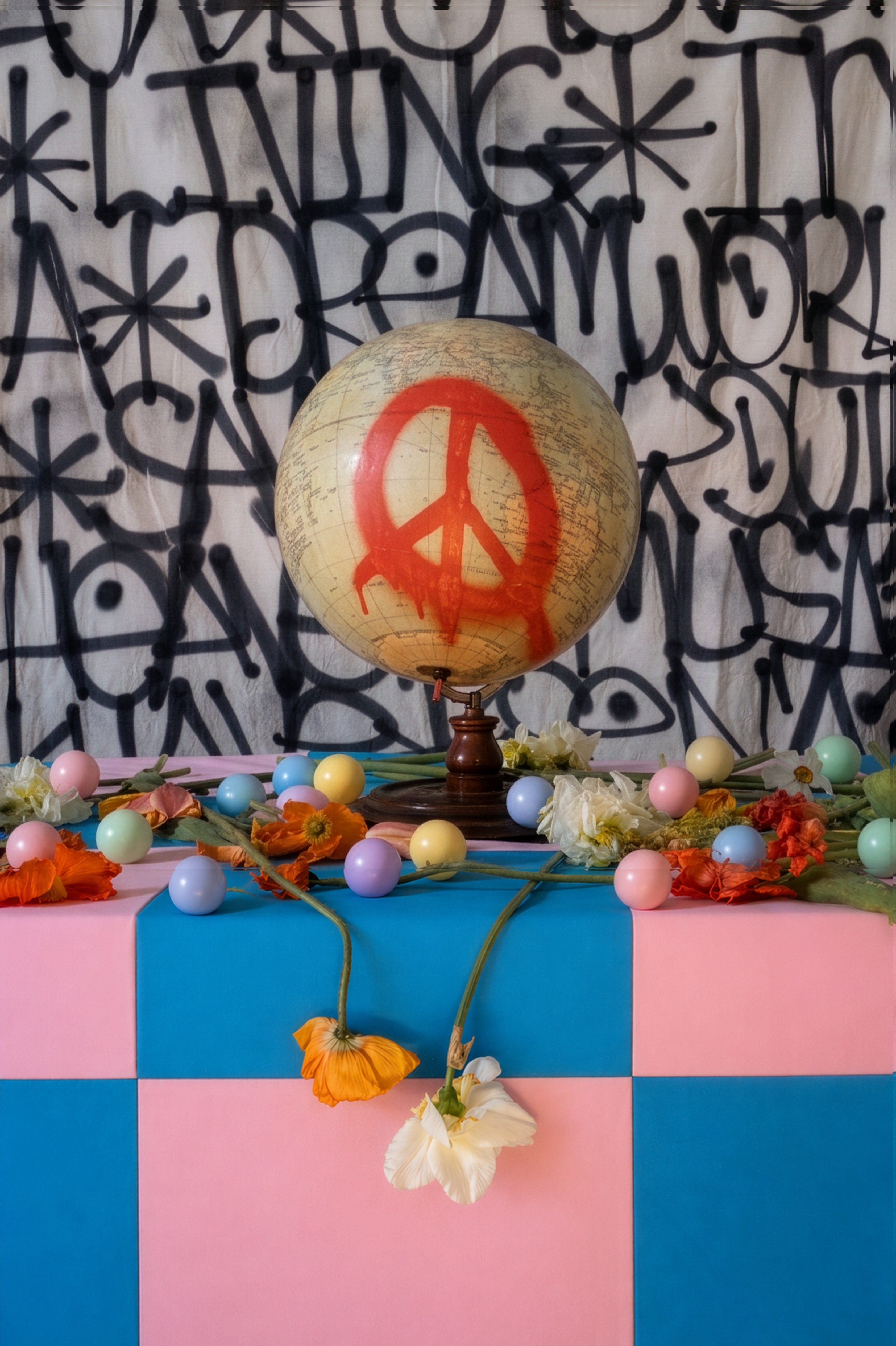 Globe painted with a red peace symbol displayed among flowers and colourful objects for Fair Warning