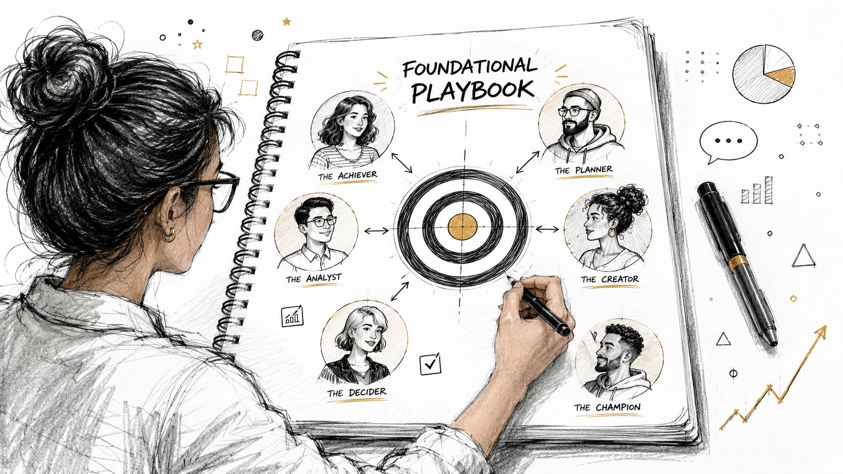 A woman sketching a Foundational Playbook diagram in a notebook showing six different professional archetypes.