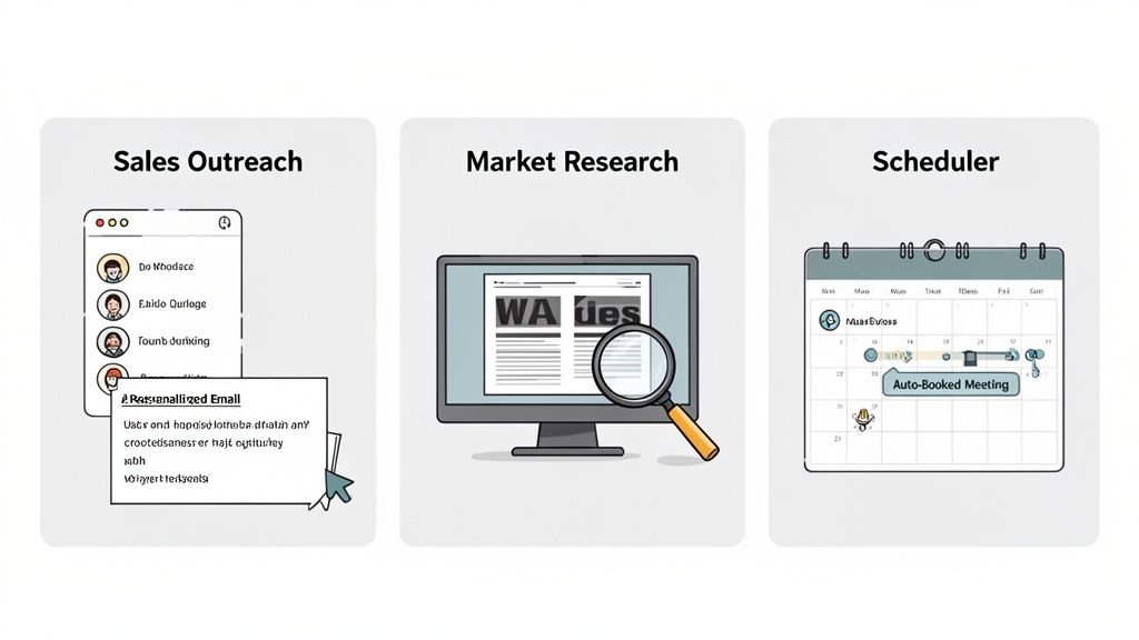 Illustrative display of AI agent capabilities for sales outreach, market research, and meeting scheduling.