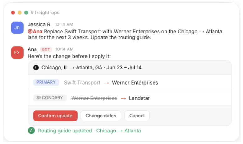 Teams message updating a routing guide for load tendering