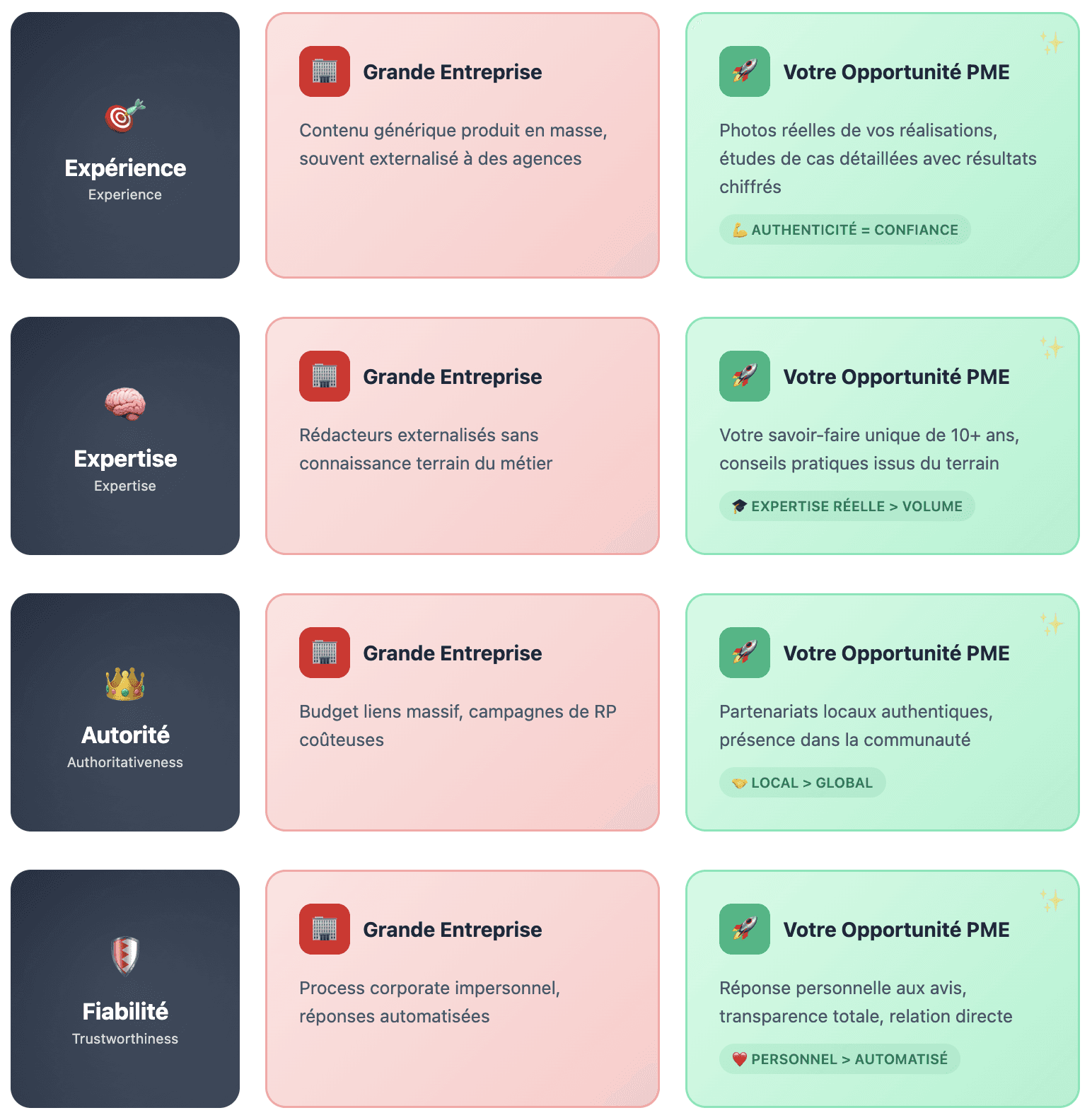 Comparaison E-E-A-T Google : PME vs Grandes Entreprises montrant les avantages compétitifs des petites entreprises en Expérience (authenticité), Expertise (savoir-faire terrain), Autorité (partenariats locaux) et Fiabilité (service personnalisé)