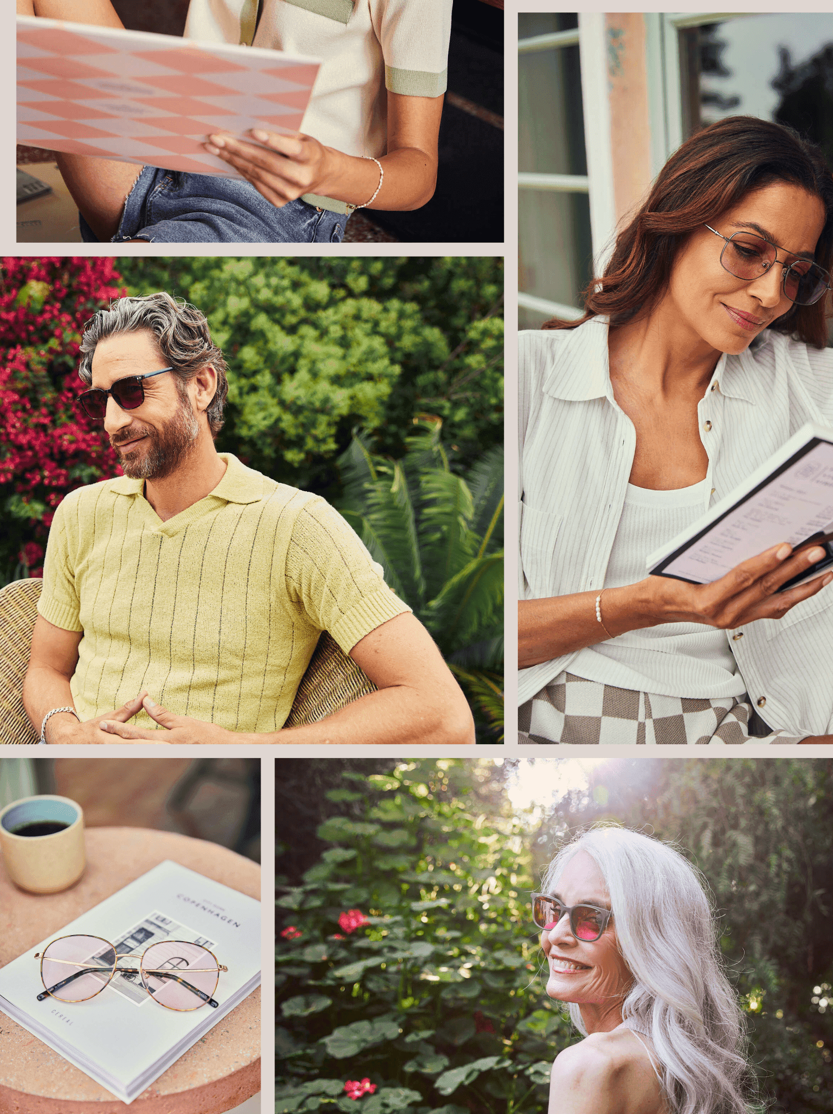 Collage of adults wearing Zenni FL-41 migraine glasses in outdoor and indoor settings, including reading, relaxing, and socializing