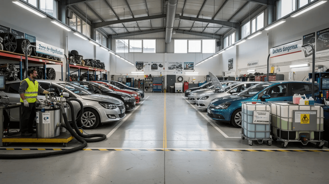 L'image montre un centre de traitement automobile agréé, où plusieurs véhicules hors d'usage (VHU) sont en attente de dépollution. Les installations sont organisées pour assurer la gestion et le recyclage des épaves, conformément à la réglementation en vigueur en France.