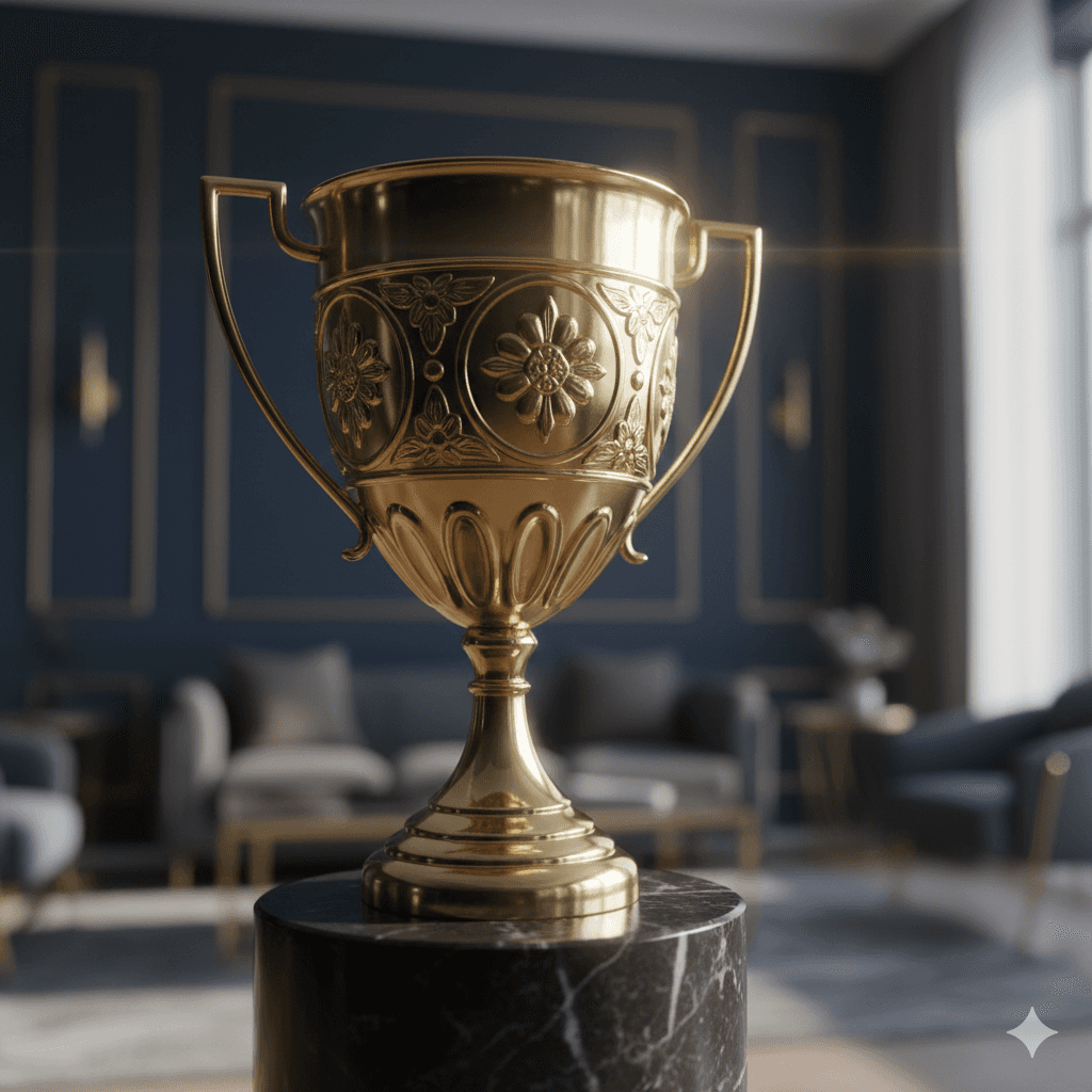 Ornate gold trophy on a marble pedestal inside a premium residence in Gurgaon