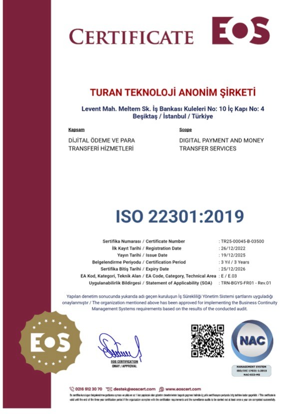 Turan APP ISO 22301:2019 Sertifikası