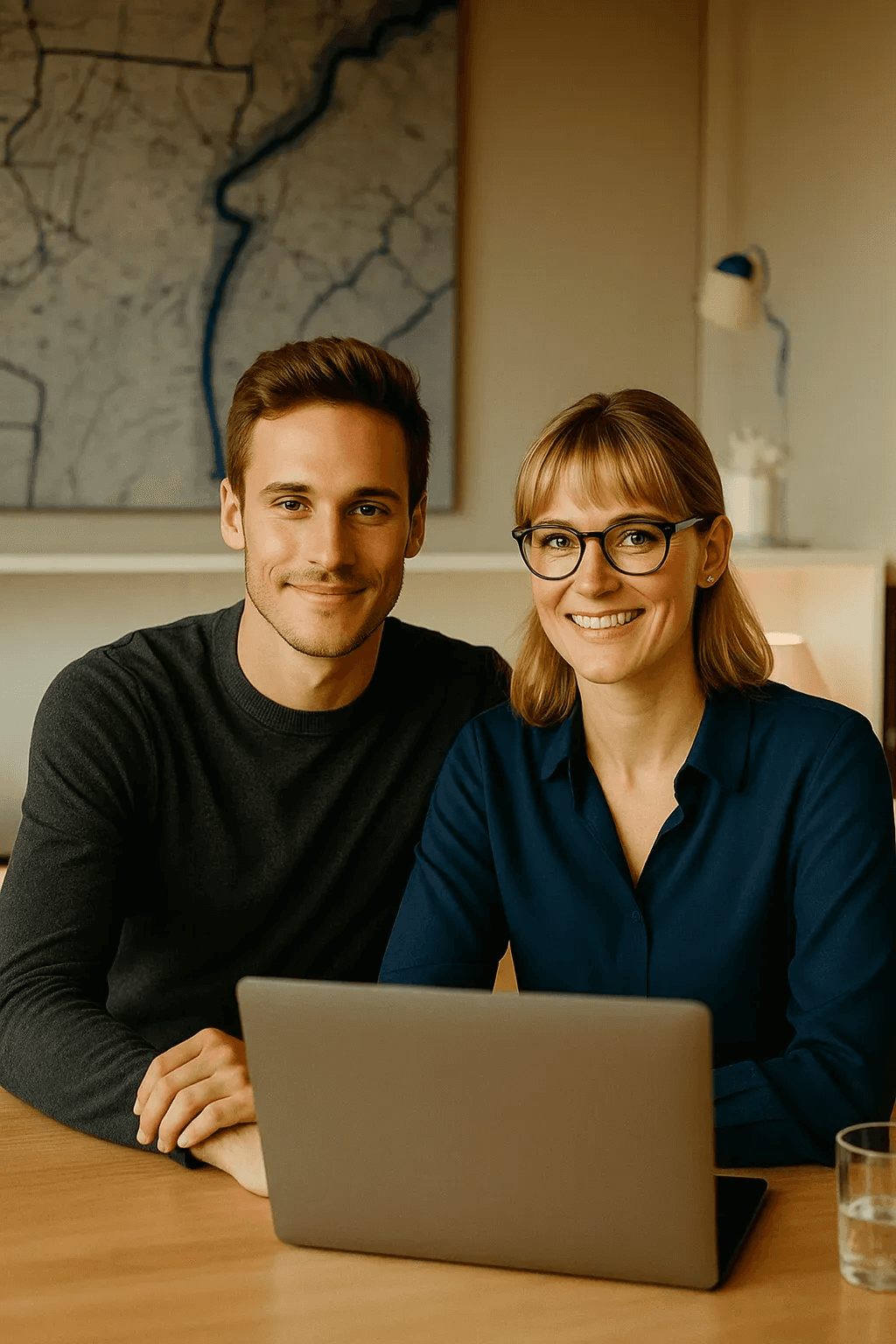 Man in a dark sweater and woman in glasses wearing a navy blouse, sitting together at a desk with a laptop and smiling.