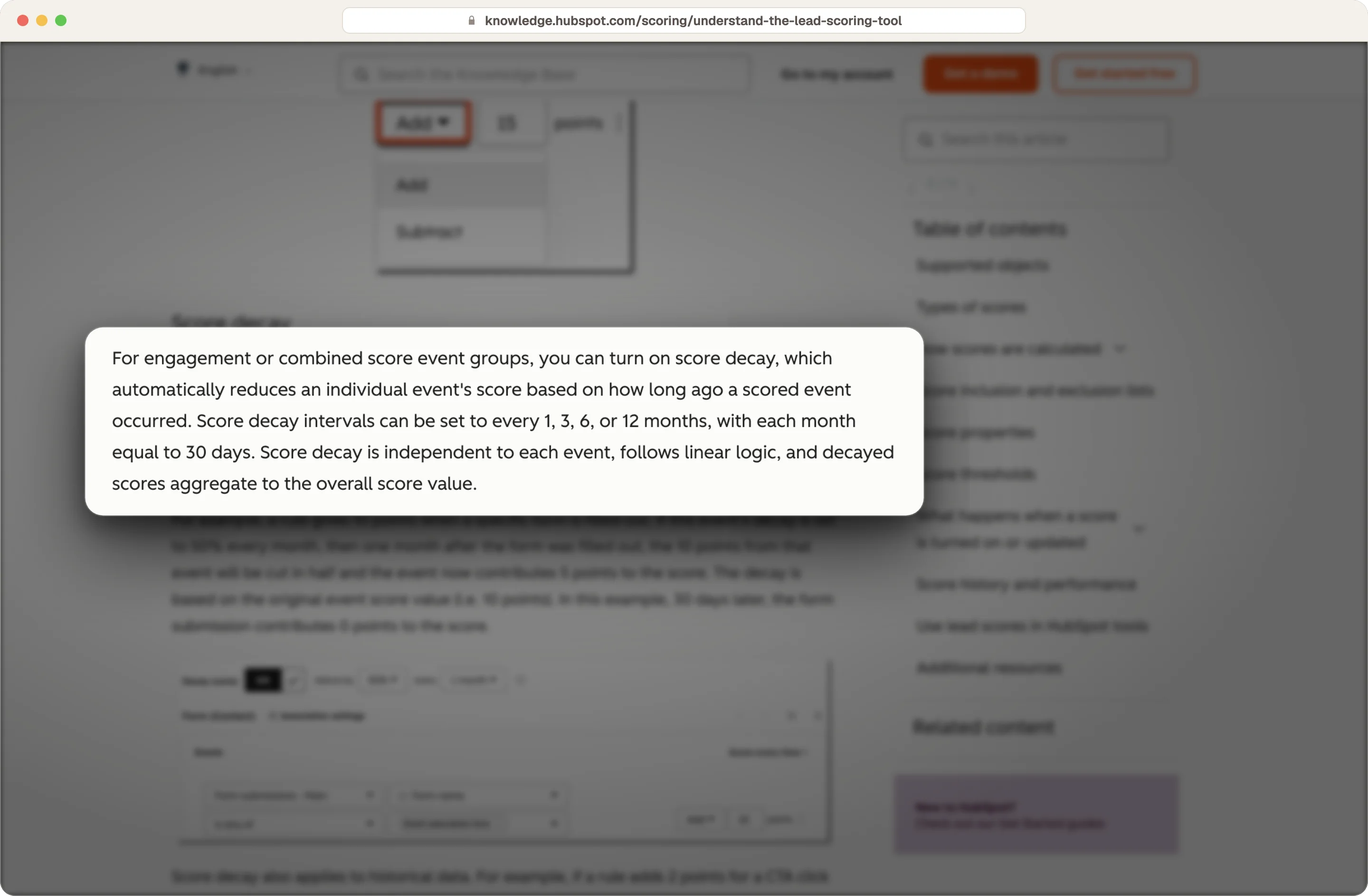 HubSpot knowledge base explaining score decay over 1, 3, 6 or 12 months for engagement events