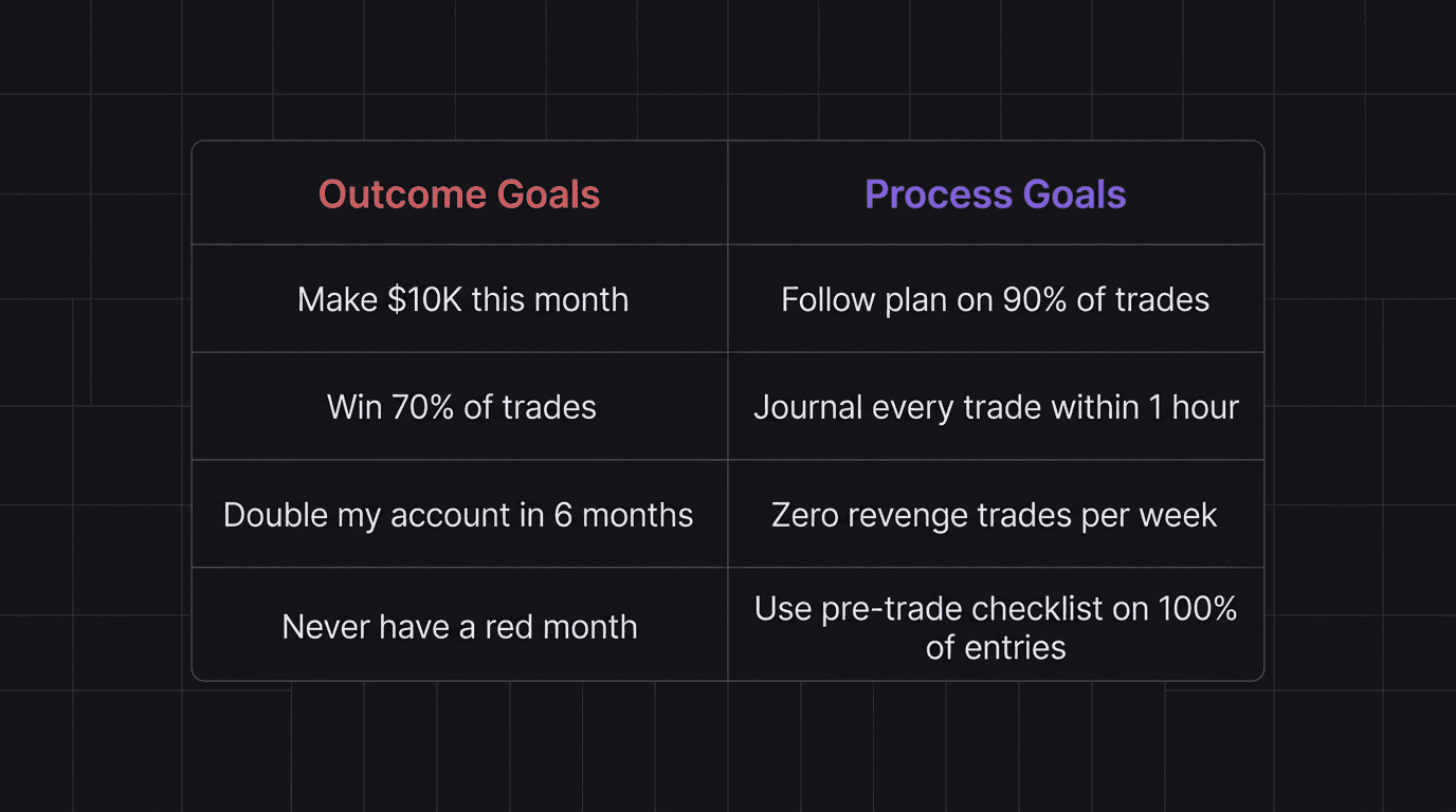 Comparison table showing outcome goals versus process goals with examples for each