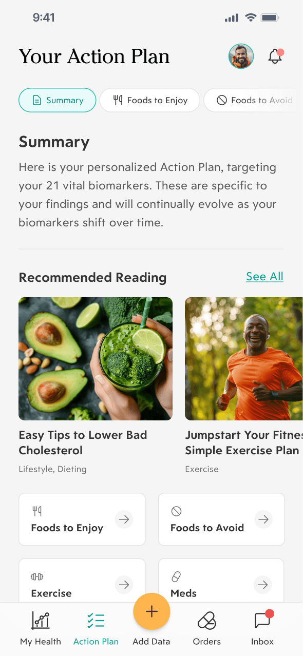 Summary of action plan screen with recommended reading and actions.