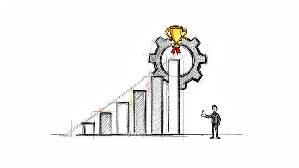Sketch showing business growth visualized with a bar chart, leading to a trophy on a gear, with a man giving thumbs-up.