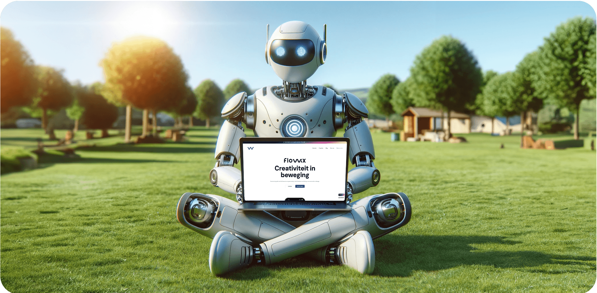 Een robot die een laptop vast houd met de website van Flowix op het scherm