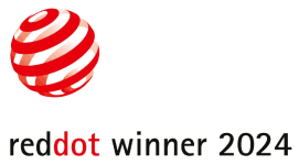 Logo nagrody Red Dot: czerwono-biała kula w ukośne paski nad napisem „reddot winner 2024”.