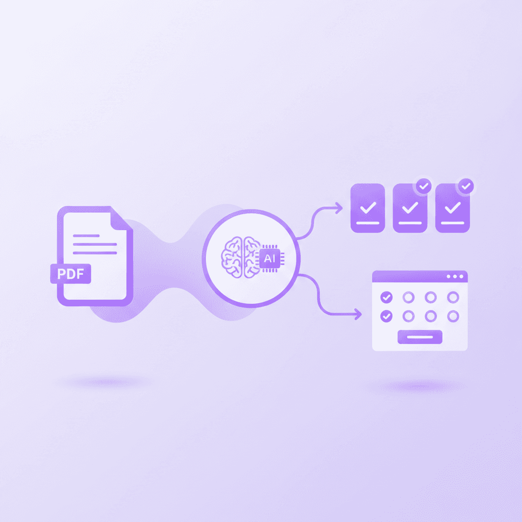 A step-by-step graphic showing a PDF document being converted into flashcards and a quiz interface.