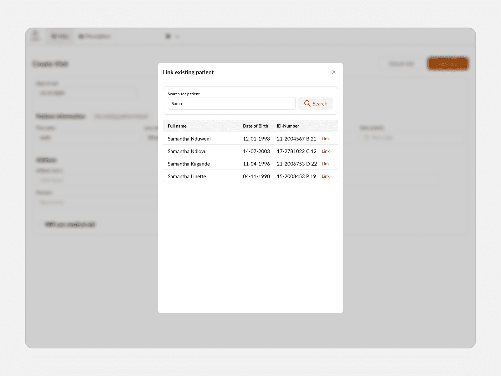 A screenshot of a clinician linking a patient record to a visit.
