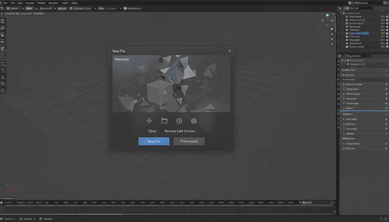 A screenshot of the Blender 3D software interface, presented in a Modern Dark Mode style. The layout features a central 3D viewport with a perspective grid, showing the default starting cube, a camera wireframe, and a light. A prominent welcome splash screen modal is centered, displaying an image and menu options with icons. The interface is framed by a top menu bar, a left vertical toolbar, a comprehensive right-hand sidebar with object properties and placeholder data fields, and a timeline editor along the bottom. The color palette is composed of dark grays, with muted blue highlights on selected UI elements.