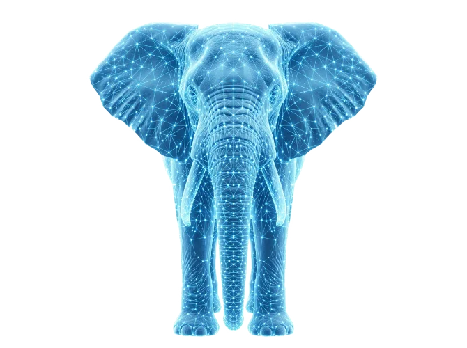 Un éléphant majestueux, composé d'un réseau lumineux de points et de lignes bleues, symbolisant la technologie immersive.