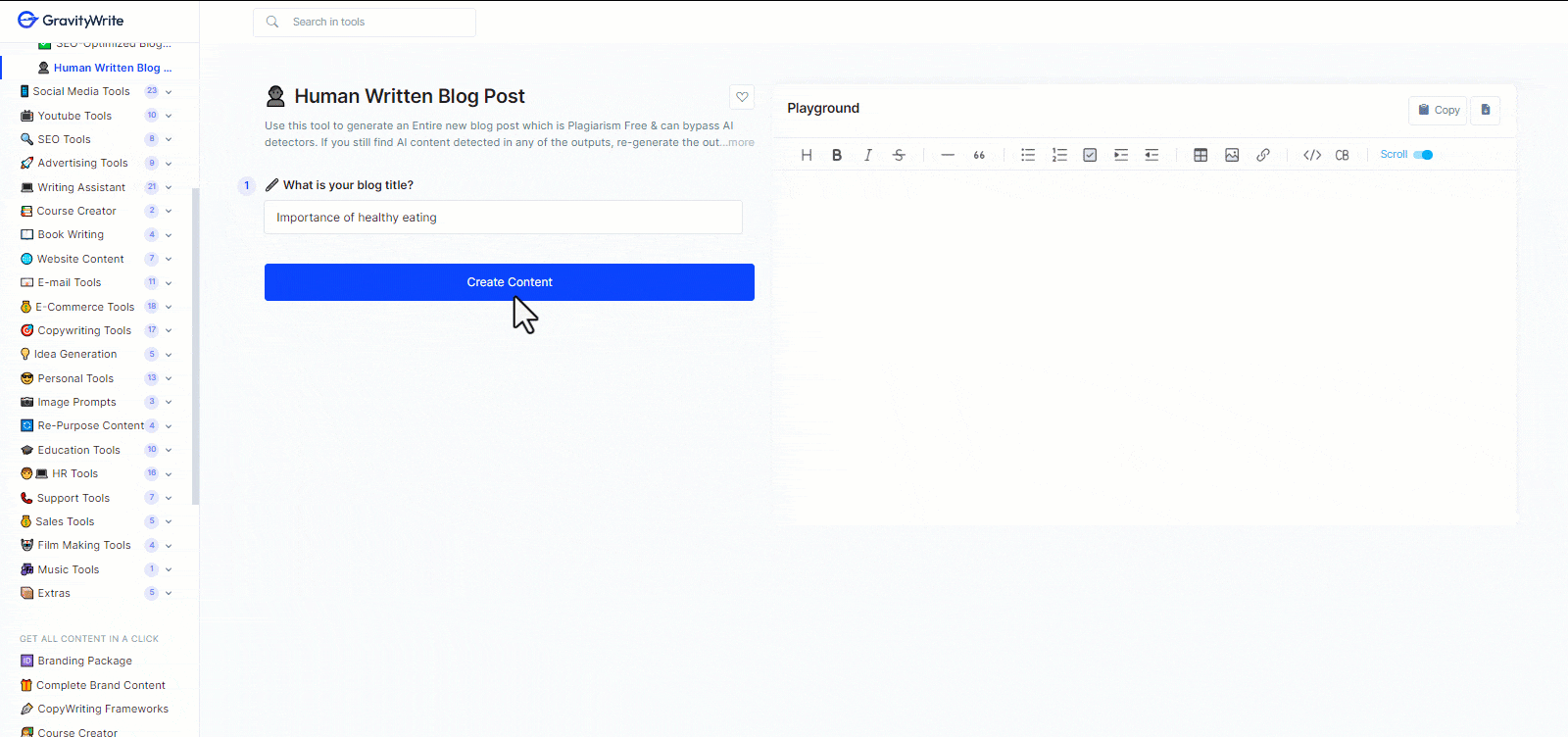 
A GIF of GravityWrite's Human-written blog post generator with an input field filled for blog title and a button, with the output being generated to the right of the tool.