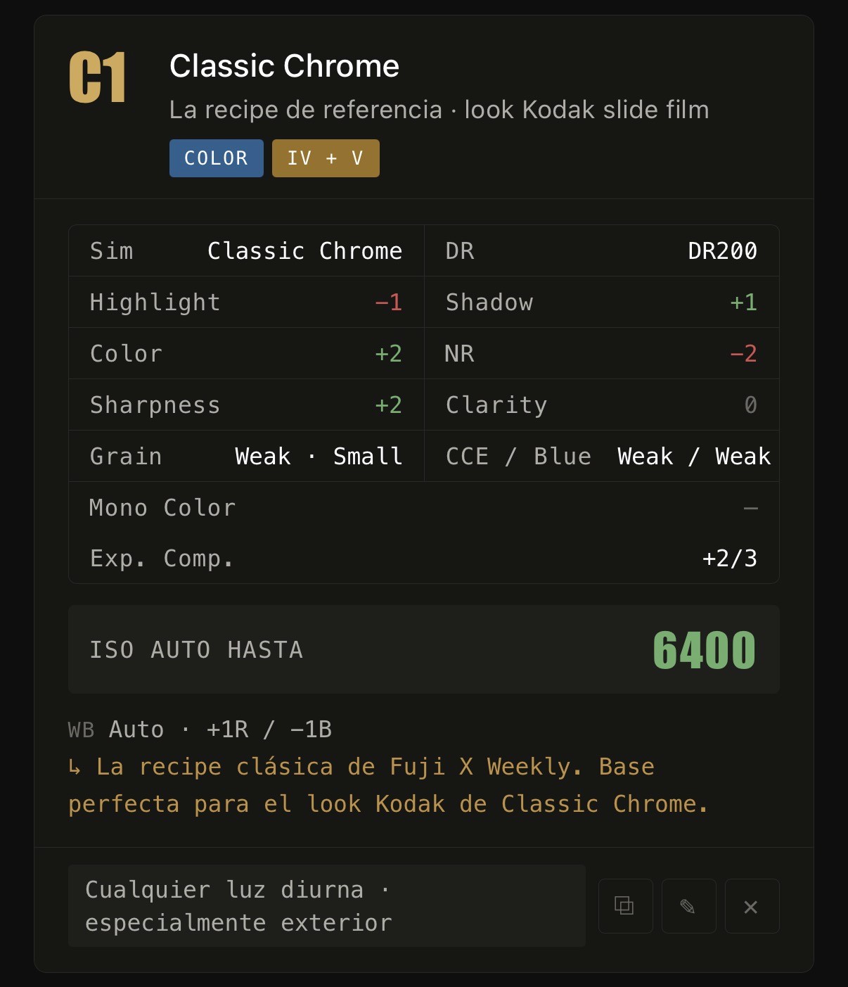 Ficha de la receta Classic Chrome en C1 en mi app de recetas