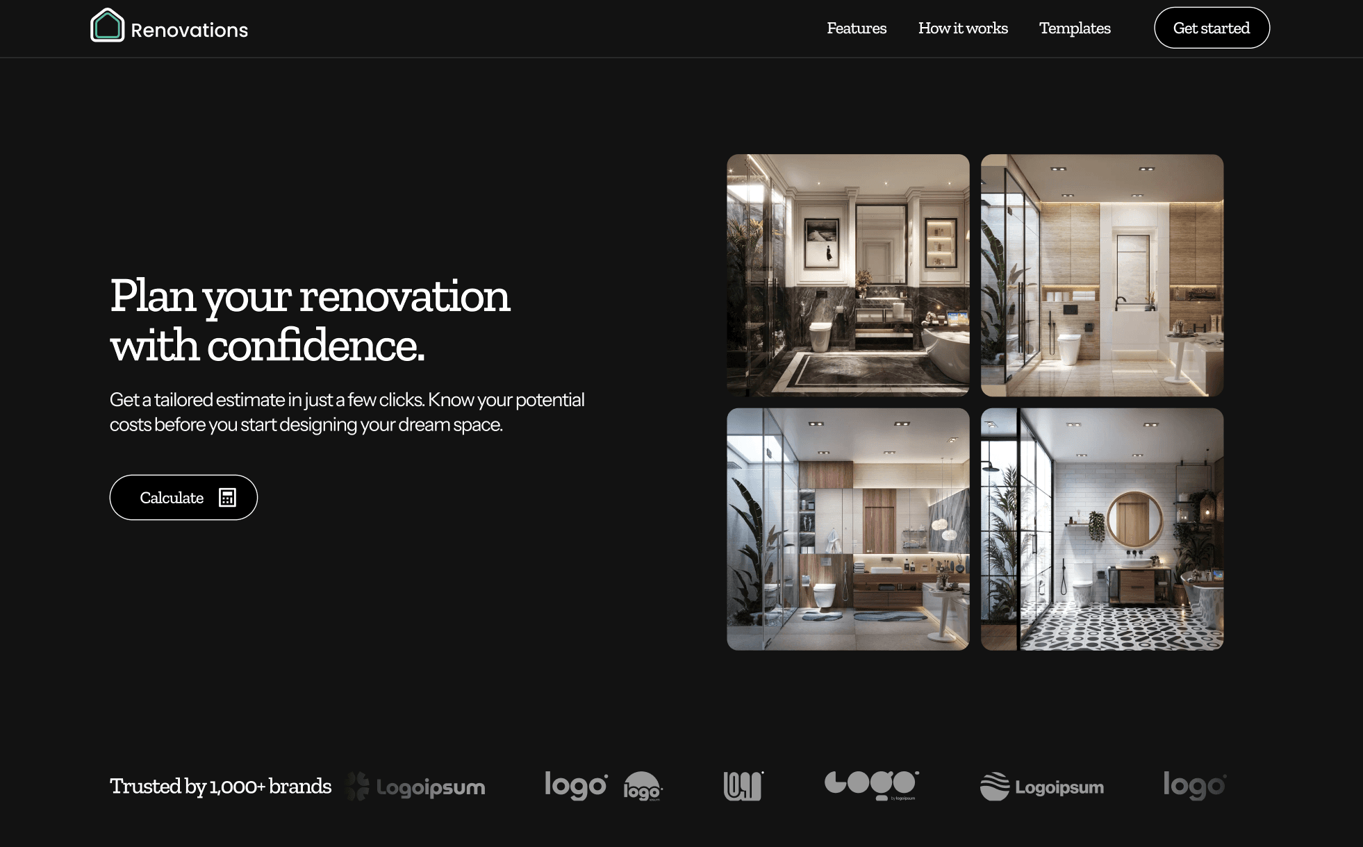 Dark-themed renovation website hero section with headline “Plan your renovation with confidence” and a grid of modern bathroom interior designs showcasing a conversion-driven renovation platform.