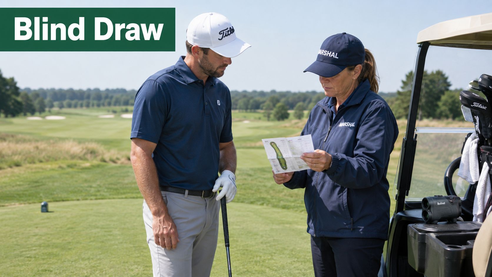 A professional golf marshal discusses the course layout with a golfer at the tee box.
