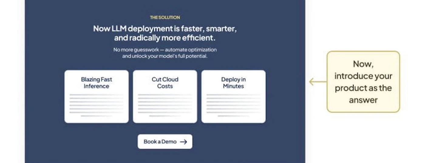 An example showing a 'solutions' section of a landing page