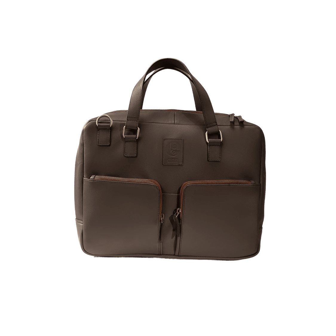 Brown leather duffel bag with gold hardware on a white background