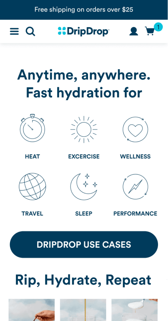 Mobile product education page for DripDrop highlighting hydration benefits