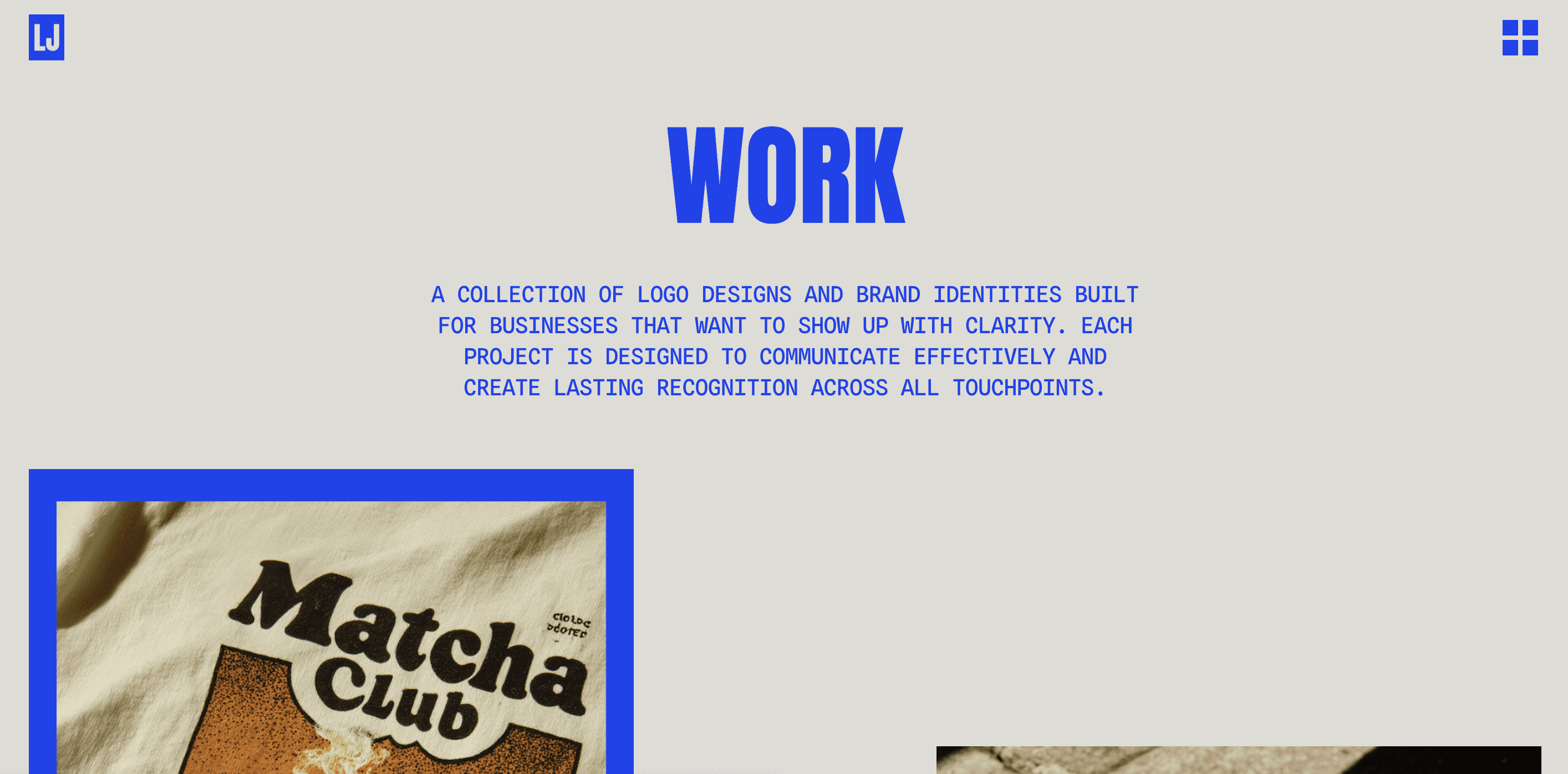 Work page in electric blue titled 'WORK', introducing a collection of logo and brand identity projects with a 'Matcha Club' mockup.