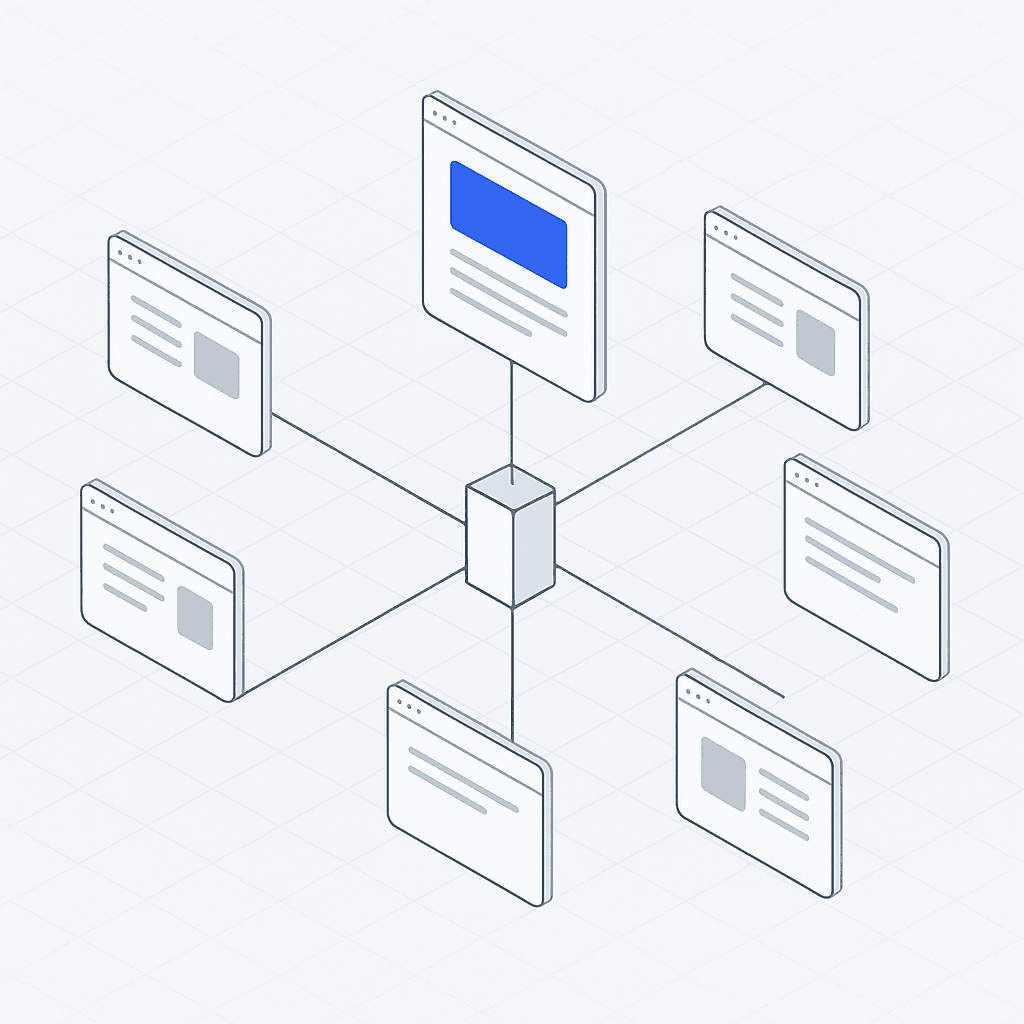 Isometric hub-and-spoke network of web pages depicting topical authority through interconnected content
