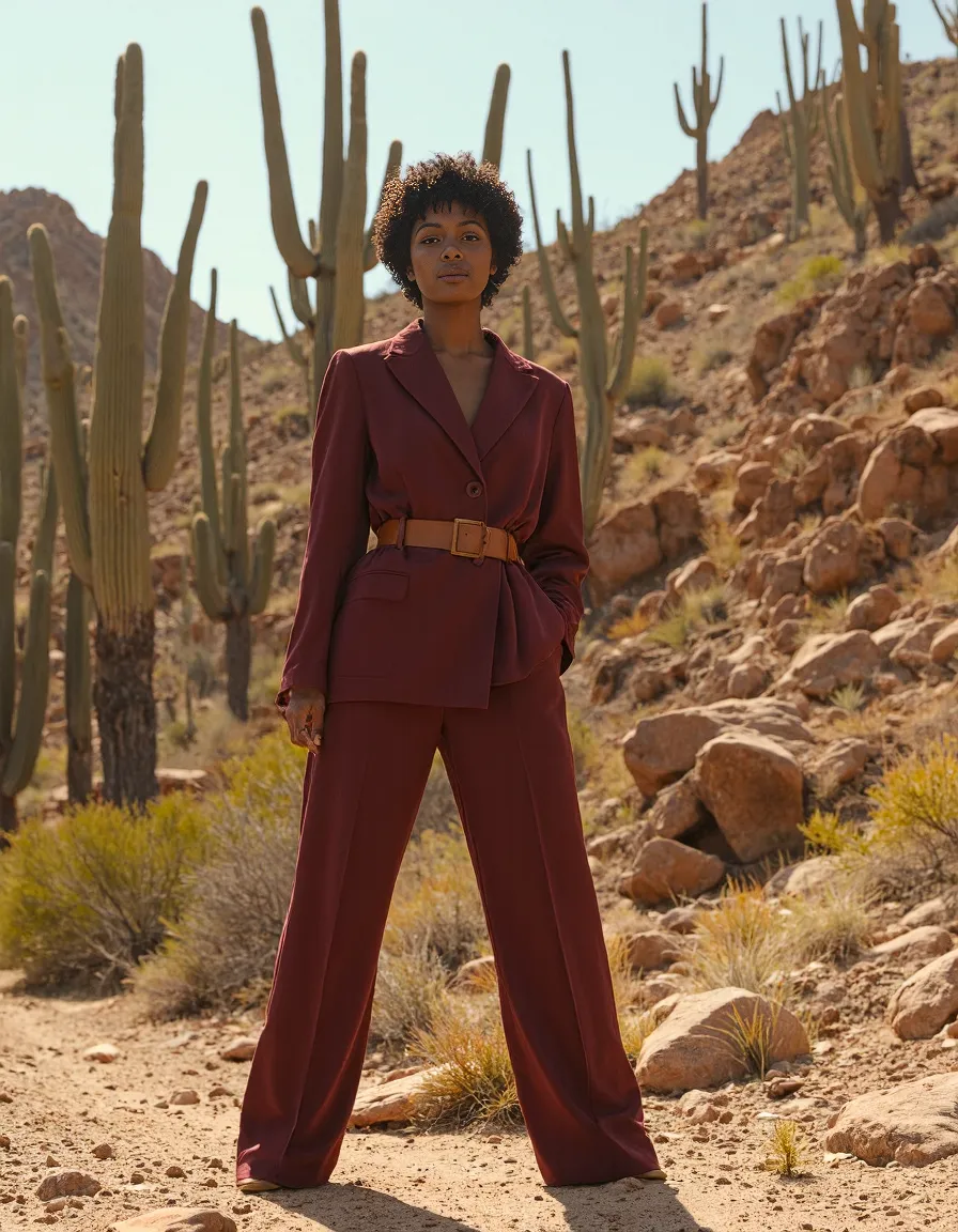 Burgundy tailored pantsuit with tan belt photographed in desert landscape with tall saguaro cacti and rocky terrain