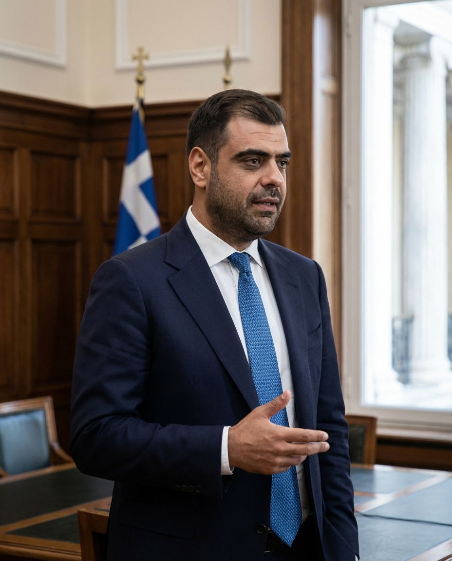 Greek government officials in a formal setting symbolizing political discussions.