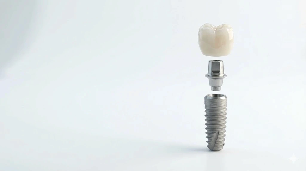 Fogászati implantátum részei: titán implantátum, felépítmény és kerámia korona, szétszedett nézetben.