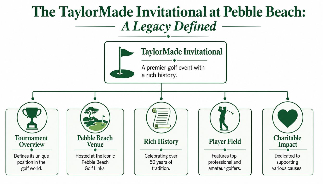 An infographic titled The TaylorMade Invitational at Pebble Beach highlighting tournament overview, venue, history, players, and impact.