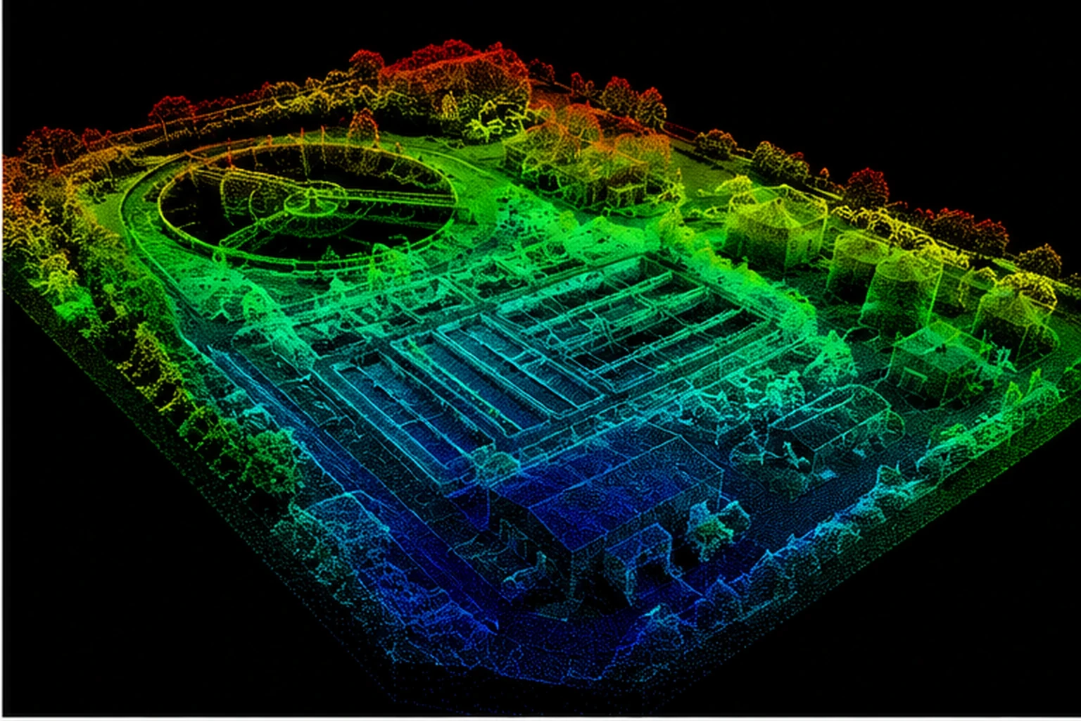 Coloured 3D point cloud scan of a UK bridge and surrounding terrain