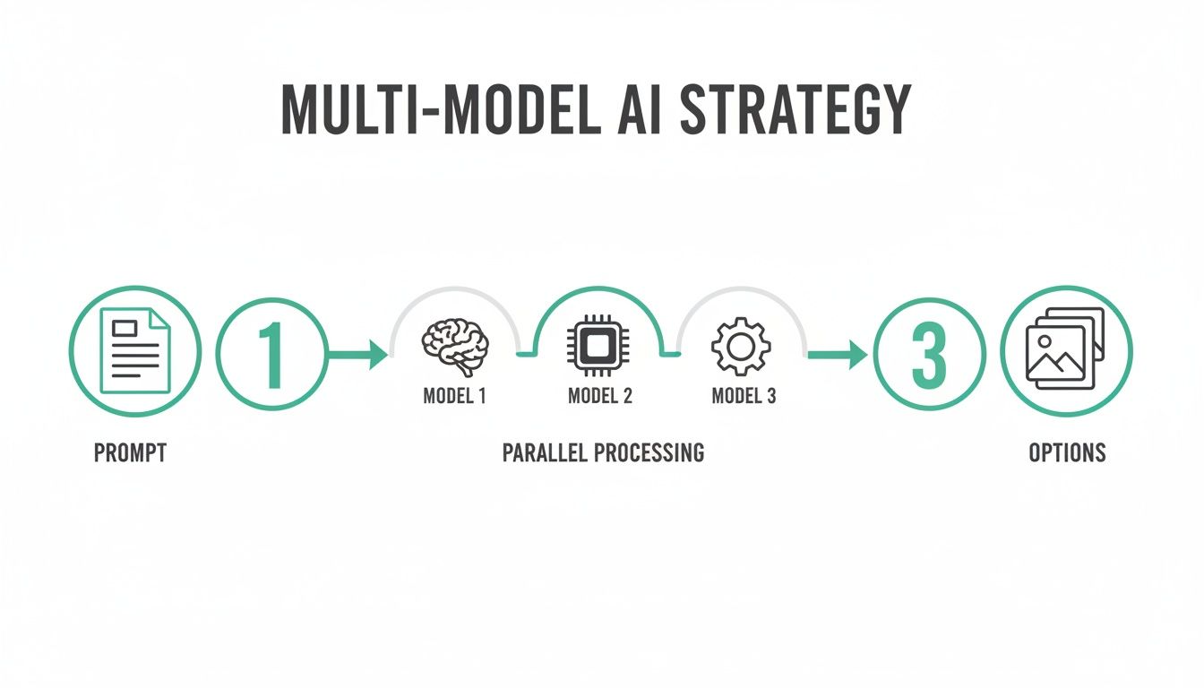 Flowchart detailing a multi-model AI strategy with prompt, parallel processing by models, and generated options.