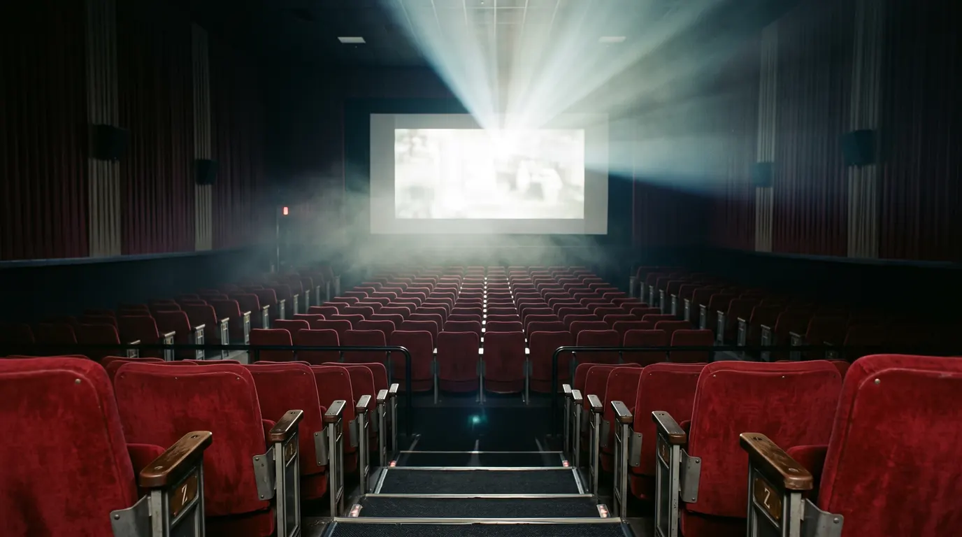 An empty cinema with red seats and a projector beam cutting through haze