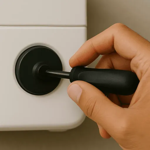 Hand betätigt einen elektrischen Schalter an einer weißen Wand