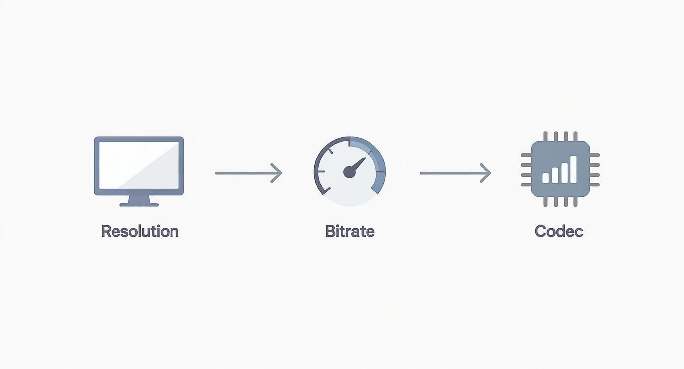 Video compression workflow diagram showing resolution, bitrate, and codec as three key factors
