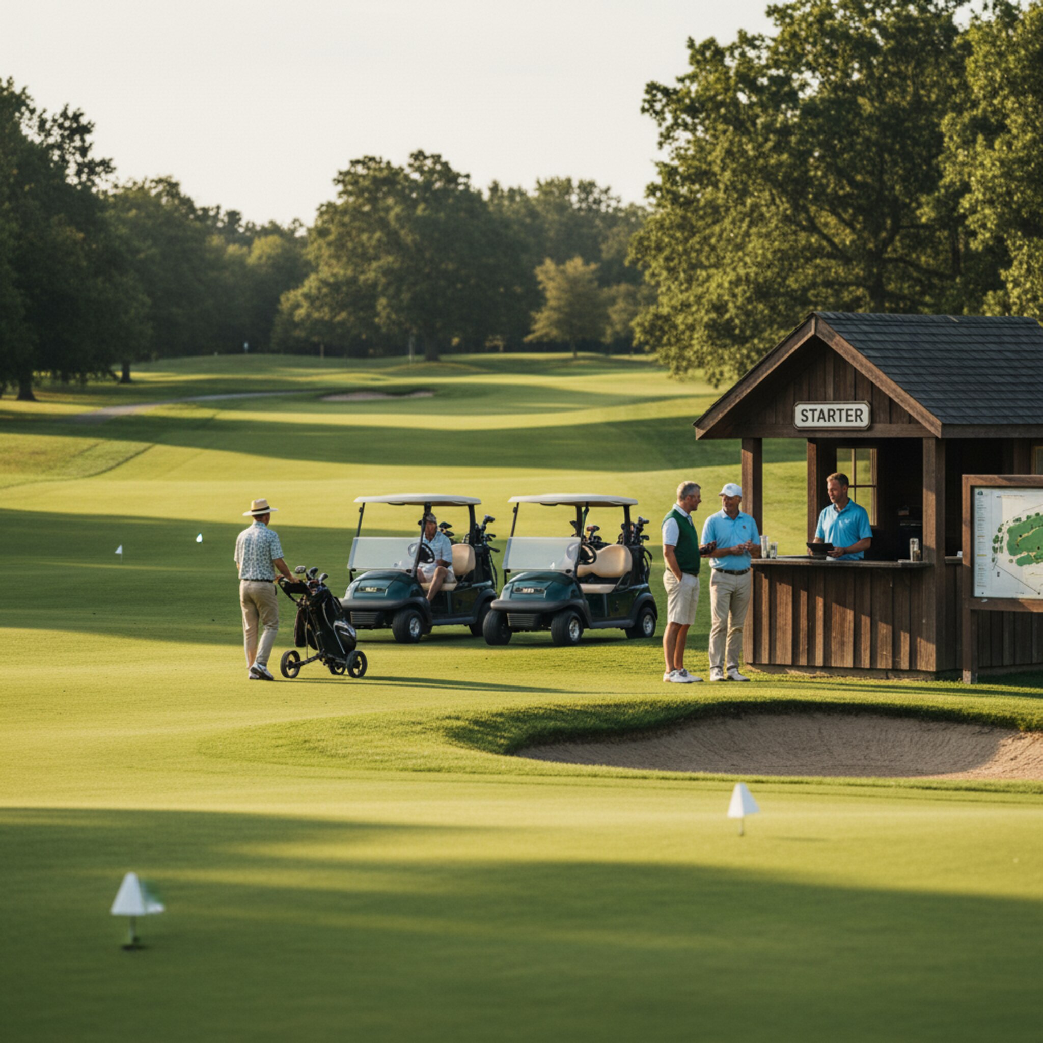 Ein später Nachmittag taucht Fairway und Grüns in warmes Licht. Am Starterhaus zahlen Gäste, während ein Flight bereits zur Bahn rollt. Ruhe, Struktur und Zufriedenheit liegen in der Luft, als ob Planung und Wertschätzung sich im Ablauf spiegeln.