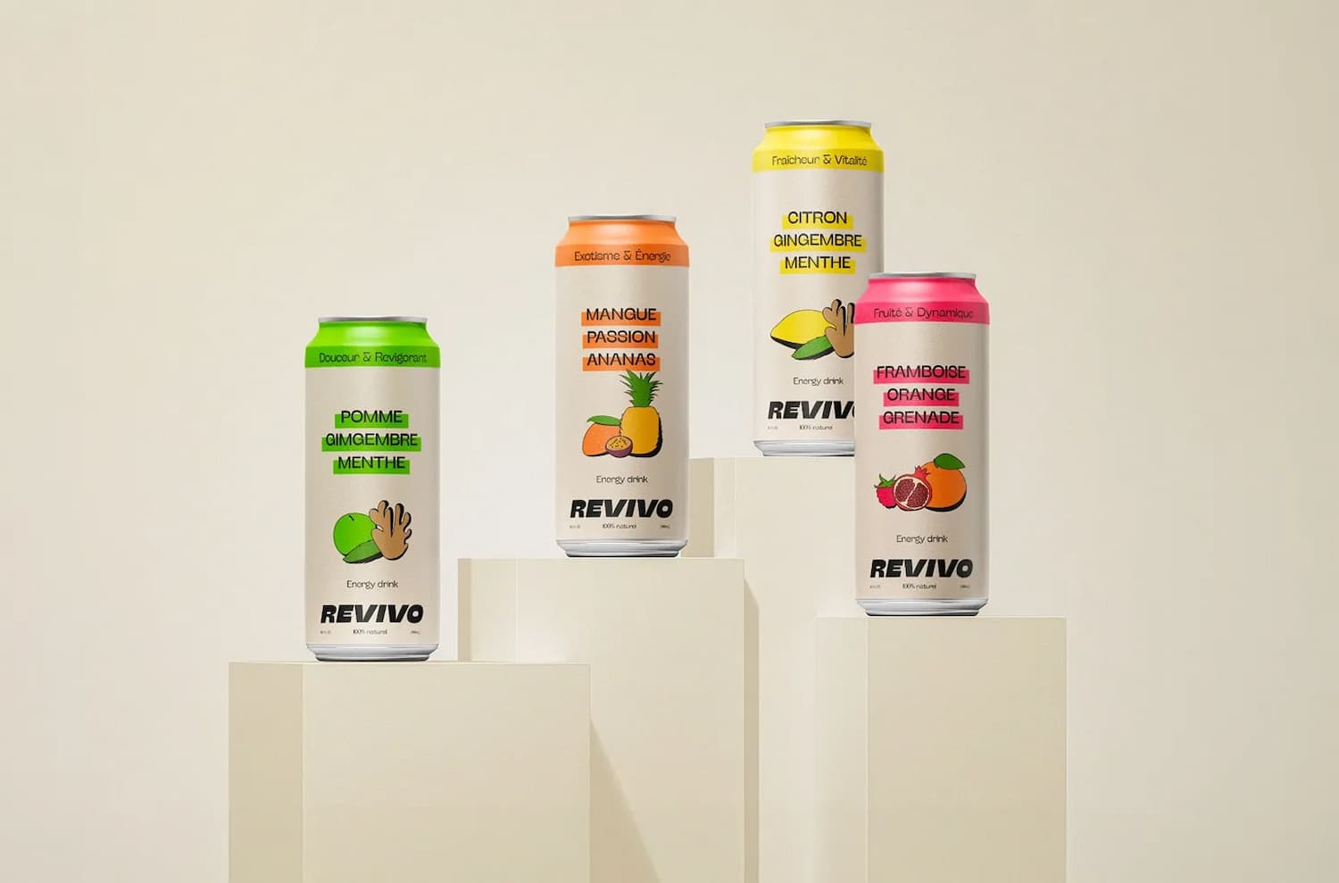 projet Revivo packaging branding canette boisson énergisante 4 goûts